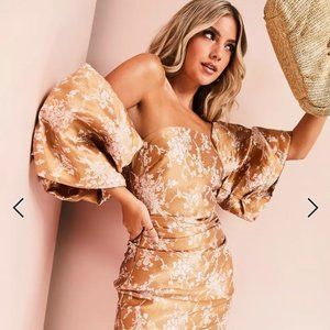 ASOS LUXE Extreme Bardot Sleeve Jacquard Mini Dress in Floral